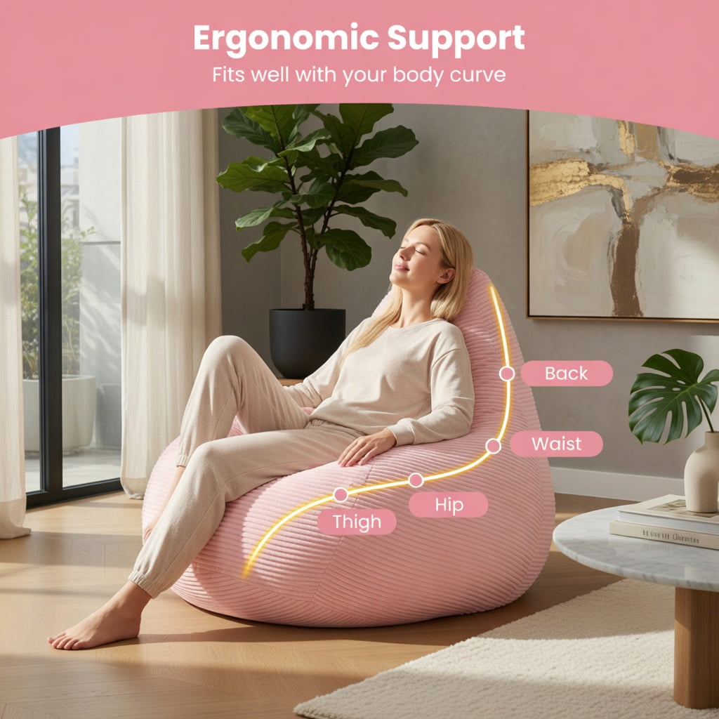 Hommoo Bean Bag Sofa Chair Lazy Sofa Chair, Ultra Soft Lazy Sofa with Skin-friendly Corduroy Cover and Soft Sponge Filling, Pink