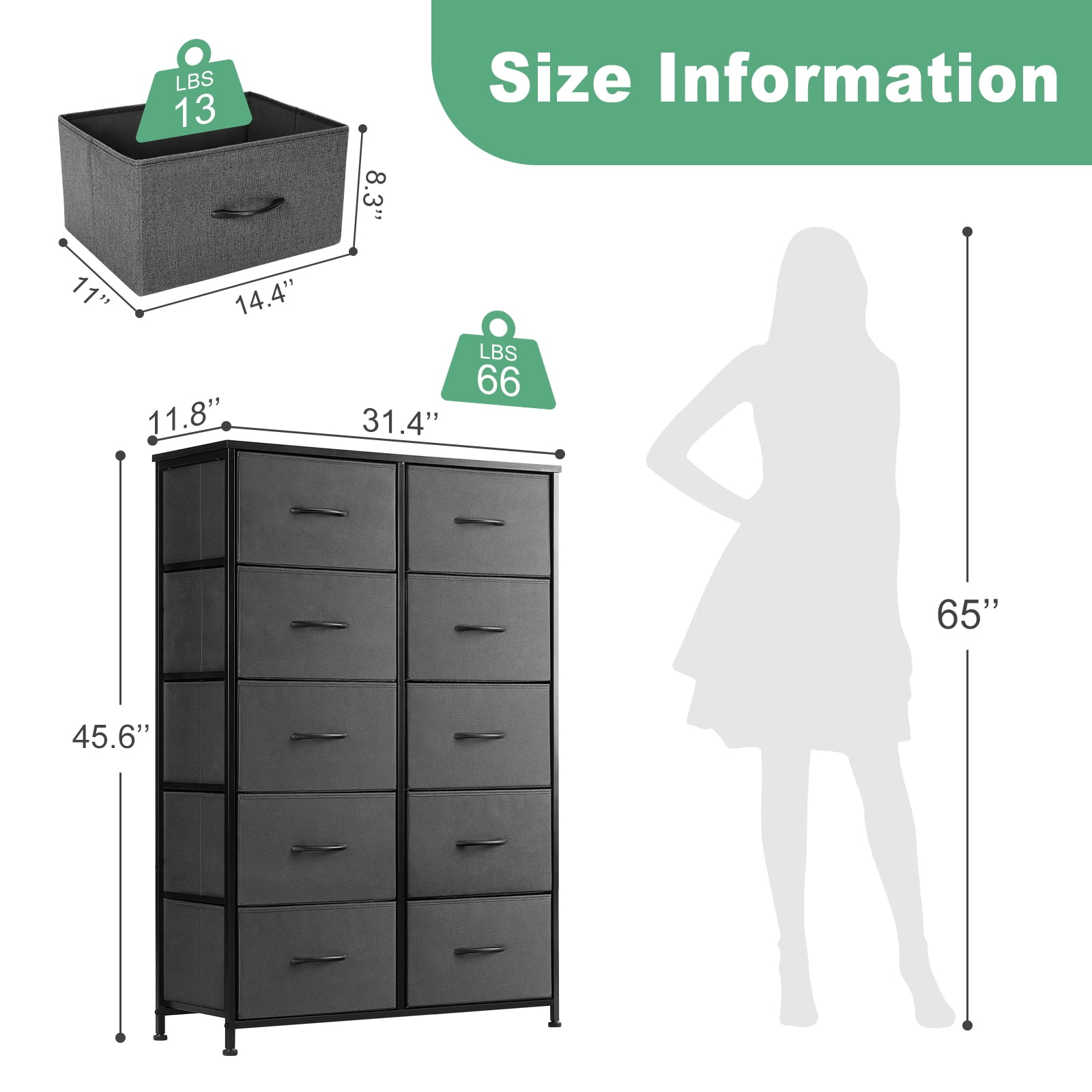 EDX Dresser for Bedroom with 10 Drawers, Tall Chest Organizer with Fabric Bins, Freestanding Storage Cabinet, Gray