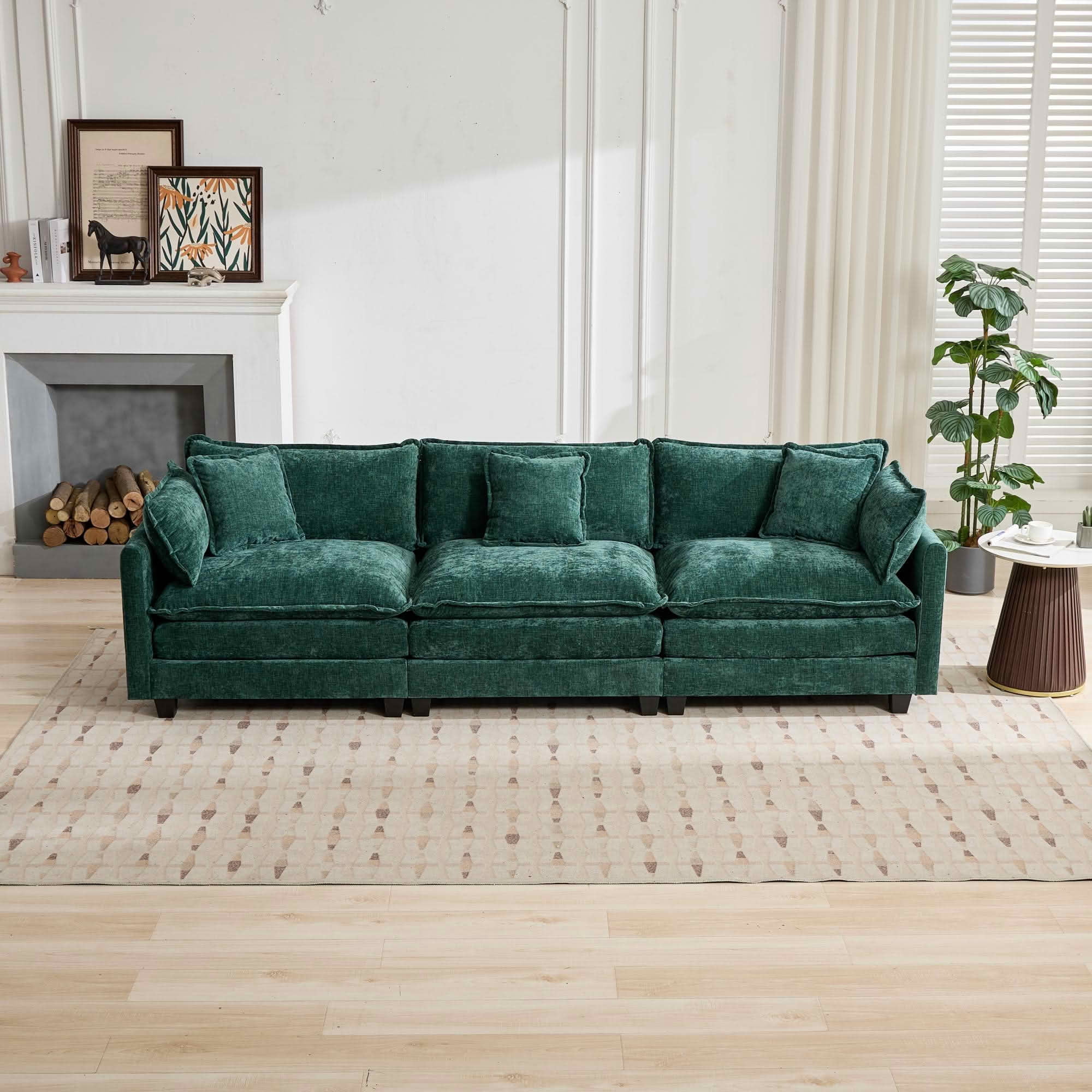 MAYEERTY 113.8 Inch Cloud 3‑Seater Modular Sectional Sofa, Chenille Couch with Double‑Layer Seat Cushion for Home Apartment, Ottoman Not Included