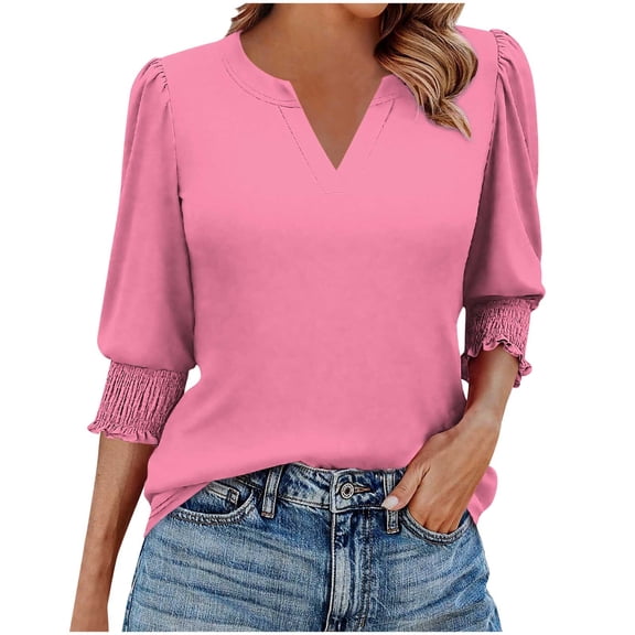 Staron Women's Casual Loose V Neck 3/4 Sleeve Tops Smocked Cuff Solid Color Blouse Spring Fashion Basic Comfy Relaxed Shirt, Pink XL