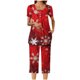 thumbnail image 4 of Puntoco Pijamas para mujer Conjunto de pijama con estampado navideño, cuello redondo, botones, manga corta y cintura elástica con bolsillos y pantalón, 4 of 5