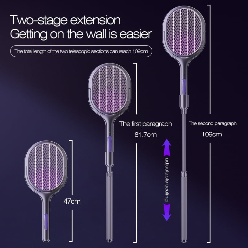 2-in-1 Retractable Electric Fly Swatter Racket - USB Rechargeable Bug Zapper with Mosquito Trap Lamp, Extended Handle Powerful Insect Killer for Home Bedroom Indoor Outdoor