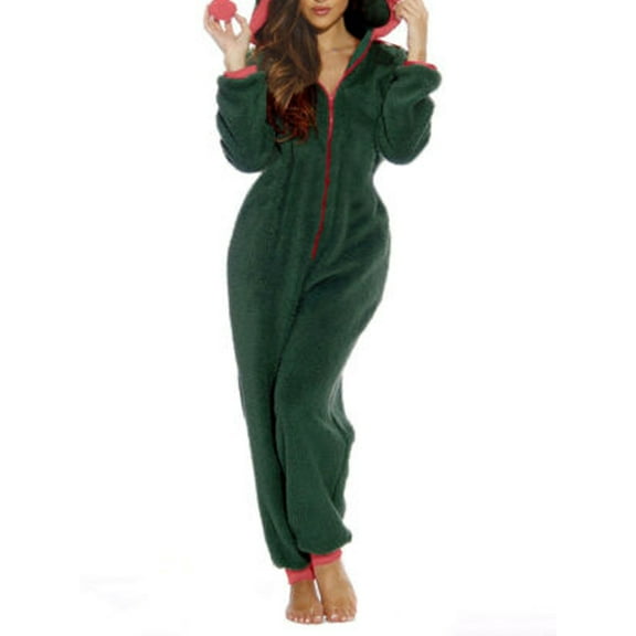 Fleece Pajamas Romper Women Christmas Hoodie One-piece Zipper Jumpsuit Santa Costume Homewear