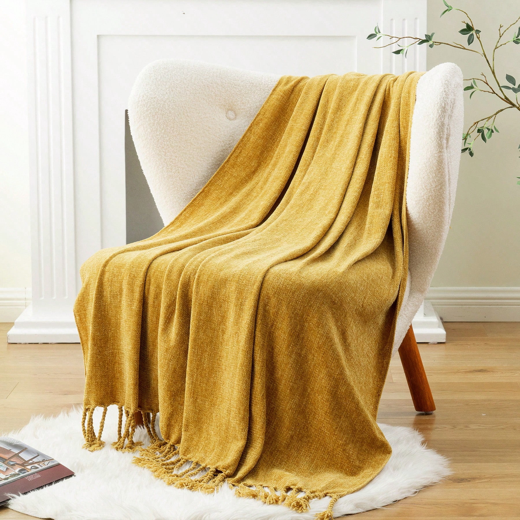 Battilo Mustard Yellow Chenille Throw Blanket,Decorative Fringe Velvety Gold Blanket for Home Decor,50"x60"