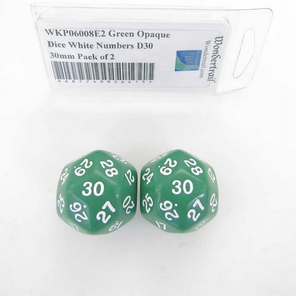 Green Opaque Dice with White Numbers D30 30mm (1.18in) Pack of 2 Wondertrail