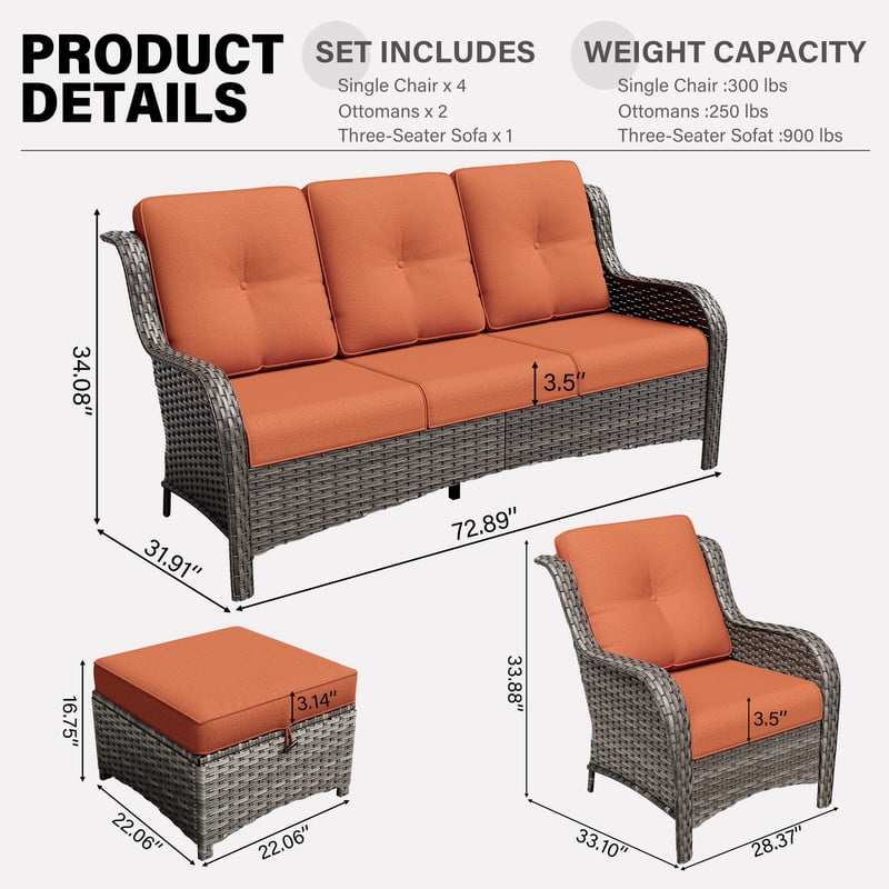 Meetleisure 7 Piece Wicker Patio Furniture Set, Rattan Chairs with 3-Seater Sofa, Ottomans, High Back, Deep Seating, Wide Armrest, Thick Cushions for Deck Porch, Orange