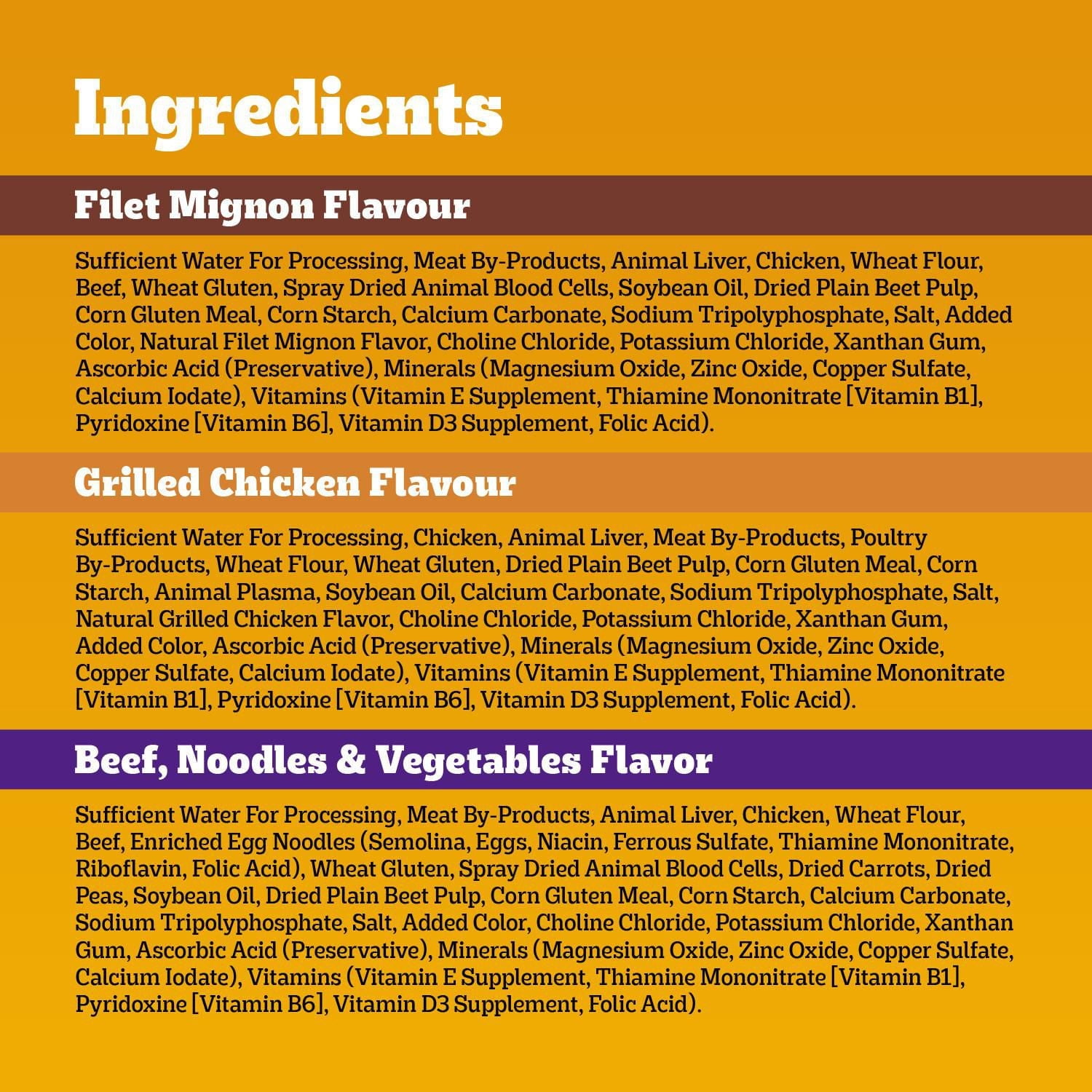 Nourriture humide pour chiens adultes PEDIGREE COUPES DE CHOIX AU JUS saveur de filet mignon, saveur de bœuf, nouilles et légumes et saveur de poulet grillé en format variété 18 x 100 g