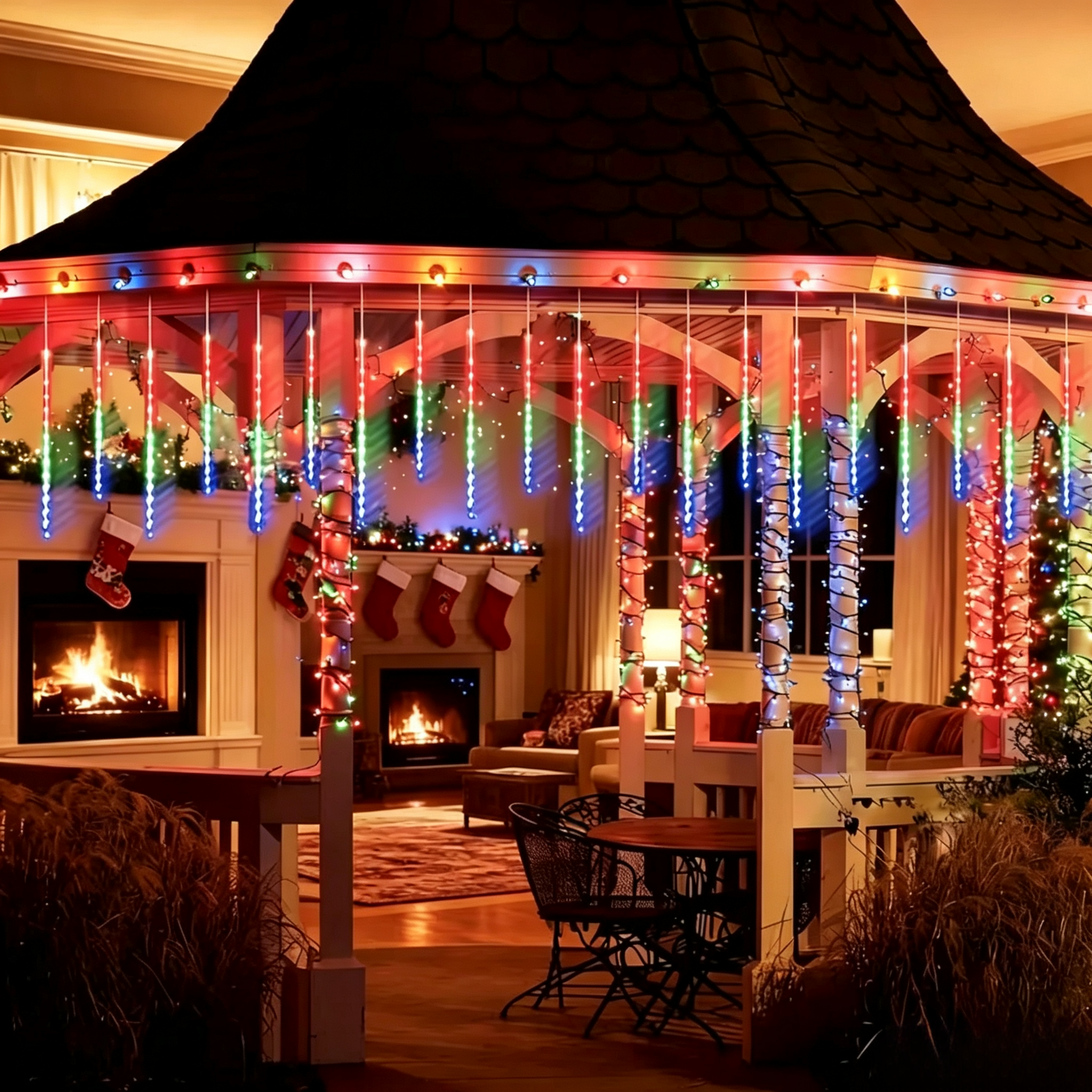Multicolor Solar Meteor Shower Light Outdoor, Waterproof Christmas Light Solar Powered 10 Tube 360 Led Icicle String Light, Snowflake Waterfall Raindrop Light For Christmas Tree