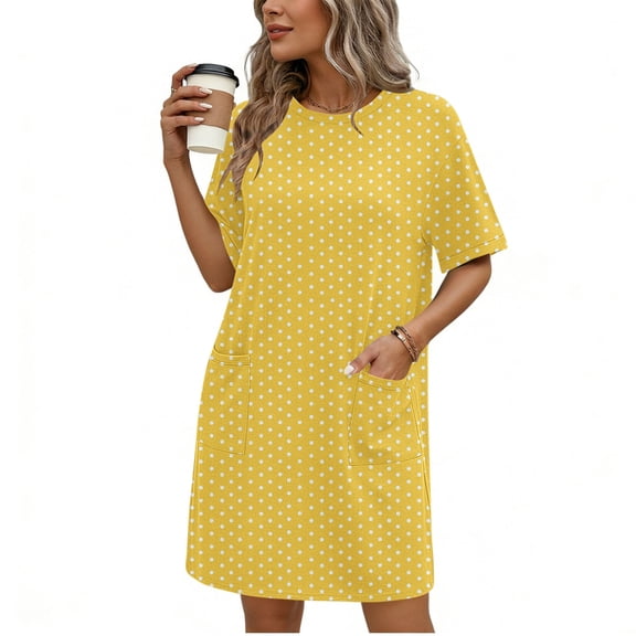TaTaai Women's Fashion Solid Color Round Neck Short Sleeve Dress with Pockets Classic Casual Style Soft Elastic Fabric Comfortable Midi Dress for Spring Summer Daily Life Gift