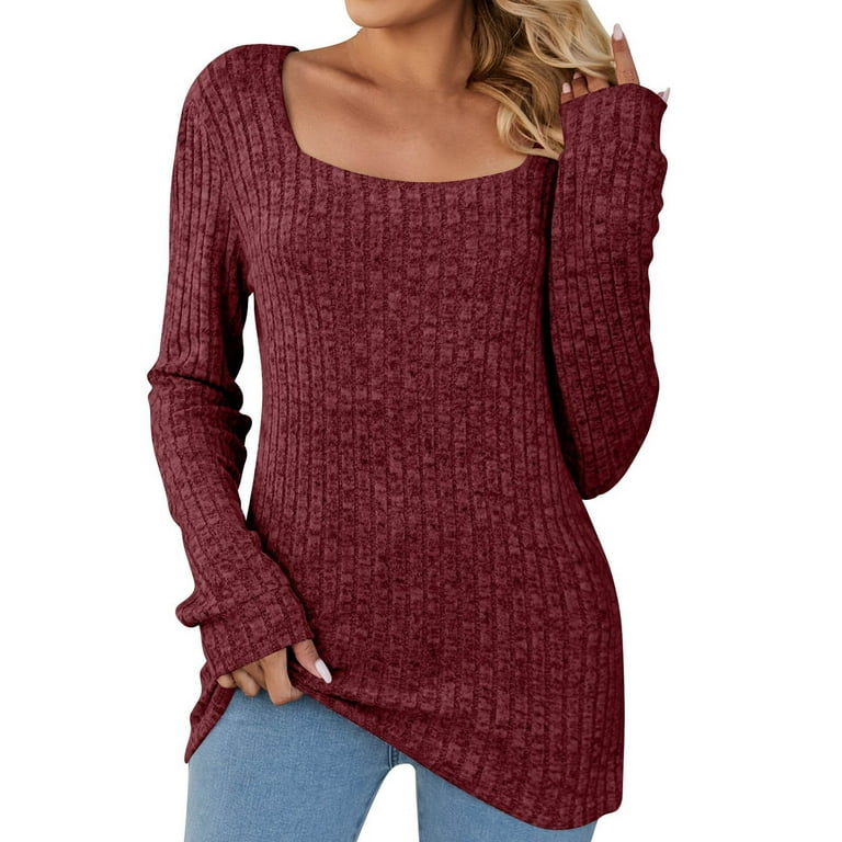 XFLWAM Women s Solid Color Tunic Sweaters Lightweight Fall Casual Long Sleeve Square Neck Pullover Tops Wine Red XXL
