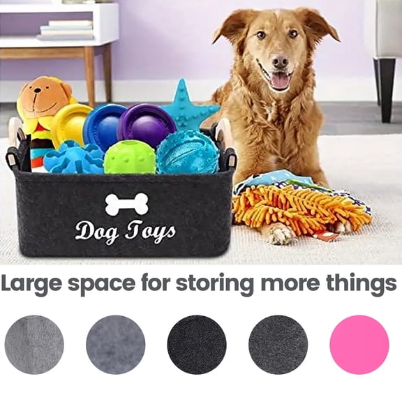 Dark Gray Sturdy Soft Plush Dog Toys Storage Basket With Wooden Handle - For Organizing Home Pet Supplies, Accessories, And Pet Gear - For Dog Owners, Cat Owners, Pet Lovers, And