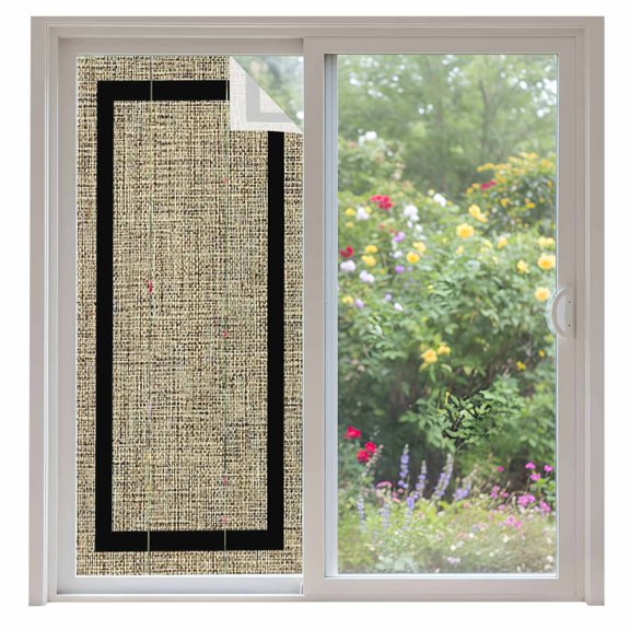 Black Border Window Privacy Film Farmhouse Burlap Weave Texture Beige Decorative Glass Window Film UV Blocking Static Cling Non-Adhesive Sticker Covering for Home Door 35.4x78.7 inches