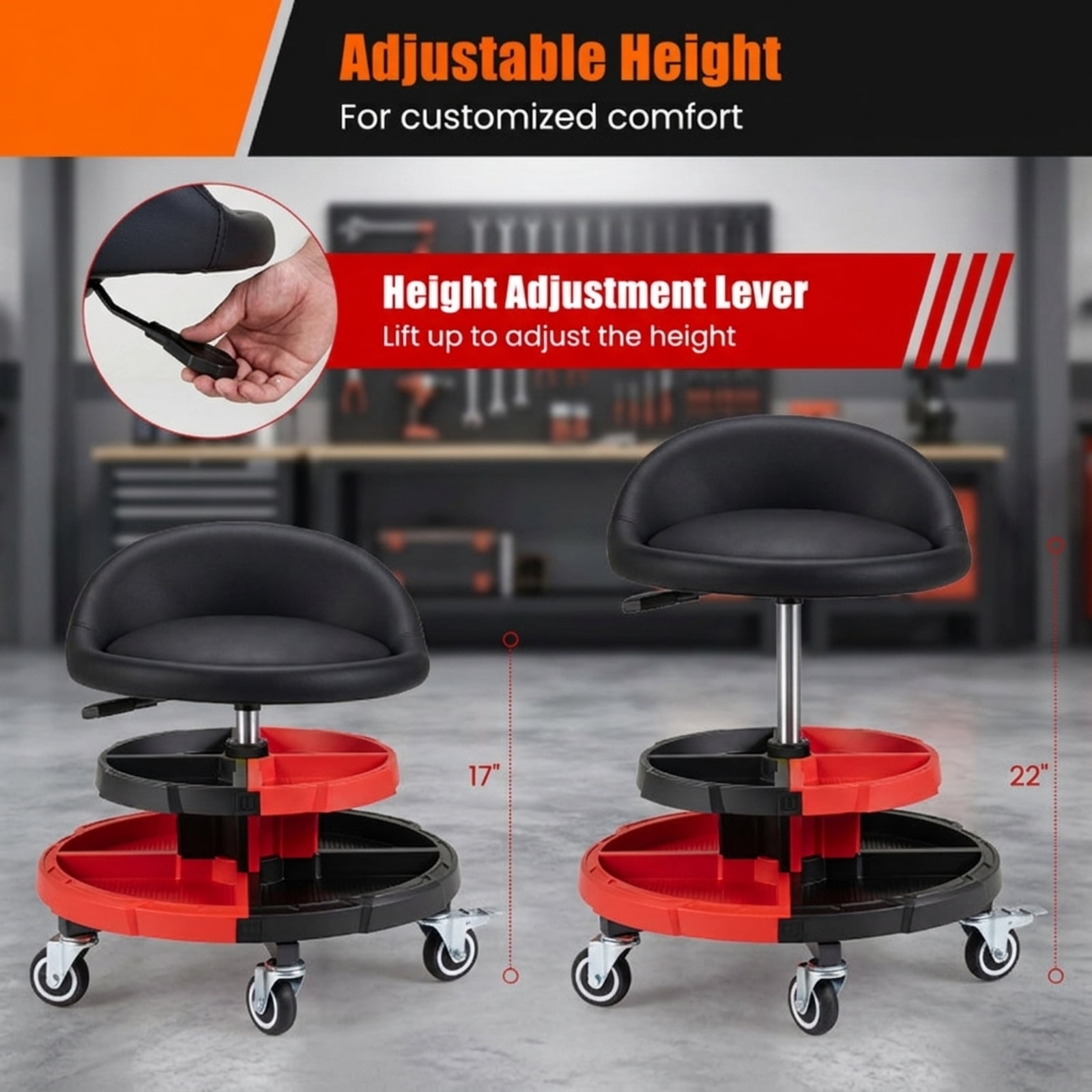Biotree Rolling Shop Stool 26.5" x 21" x 12.5" with Tool Storage for Garage Shop Adjustable Swivel Shop Seat, Red