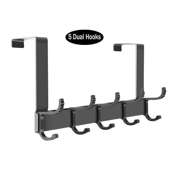 Over The Door Hooks,Over The Door Hanger, Dinosam Movable Metal Door Towel Rack with 5 Dual Coat Hangers,Black,Fits 1-3/4" Thick