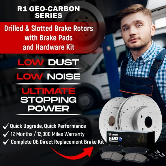 R1 Concepts Drilled and Slotted Carbon Coated Disc Brake Rotor Set with Euro Ceramic Pads and Hardware WBTH1-47010