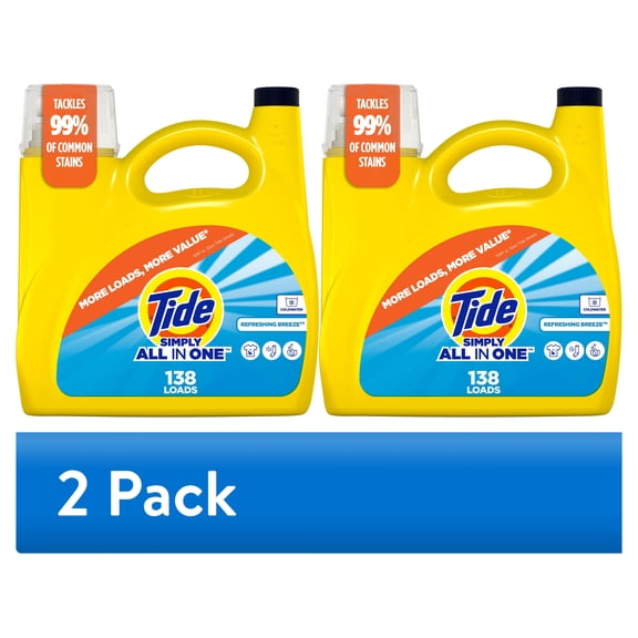 (2 pack) Tide Simply Liquid Laundry Detergent, All-In-One, Refreshing Breeze Scent, 138 Loads, 173 fl oz