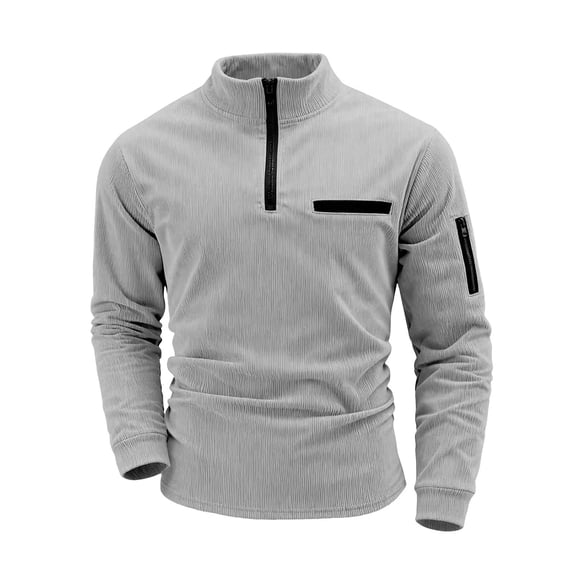 HOOMEUMY Mens Long Sleeve Tee Shirts Comfy Solid Color Stand Up Collar Zipper Corduroy Top Long Sleeve Crew Neck Lightweight Spring Shirt (Gray,XXXL)