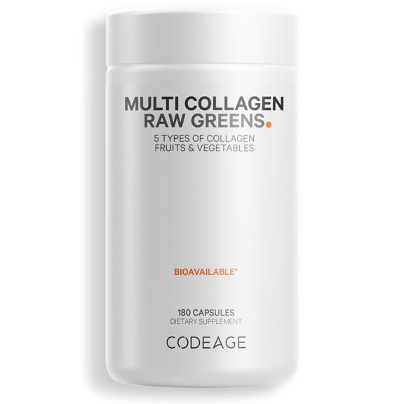 Codeage Multi Collagen Raw Greens, 5 Types Collagen Peptides Capsules, Organic Fruits & Vegetables, 180 ct