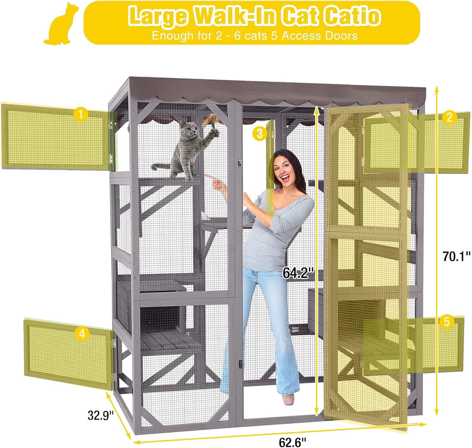 MEDEHOO Catio Cat Enclosure Large Window Cat House for Outdoor Cats, Walk-in Kitty Cage with Tarp Roof, 7 Platforms, 2 Resting Boxes, Indestructible Feral Cat Shelter for Backyard - Grey