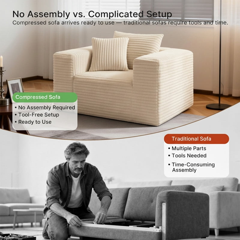 1Pcs Boneless Upholstered Sofa Chair, No Assembly Single Couch, Memory Foam Reading Armchair with Throw Pillow