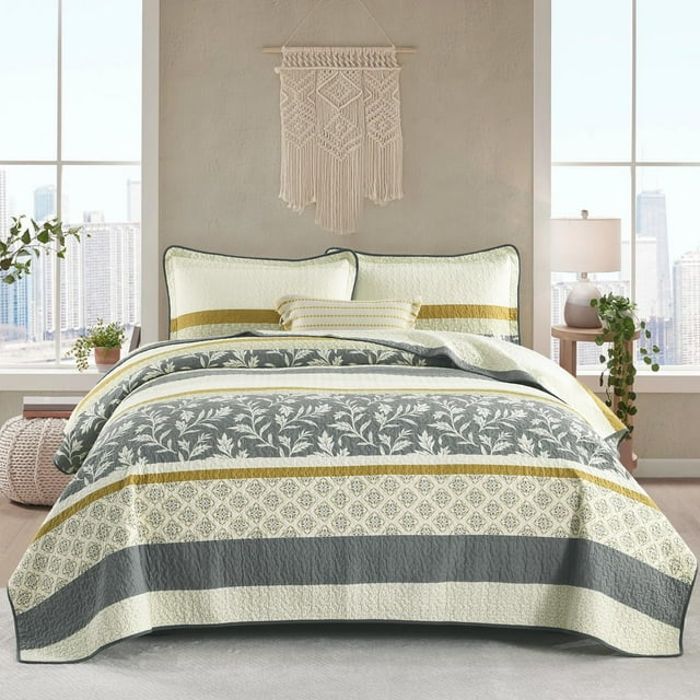 DDUOXIN Edredón King Size a Rayas - Edredón King Reversible Suave 100% algodón con 2 Fundas de Almohada Colcha con Estampado Floral Juego de Cama de edredón liviano Dorado/Gris/Beige