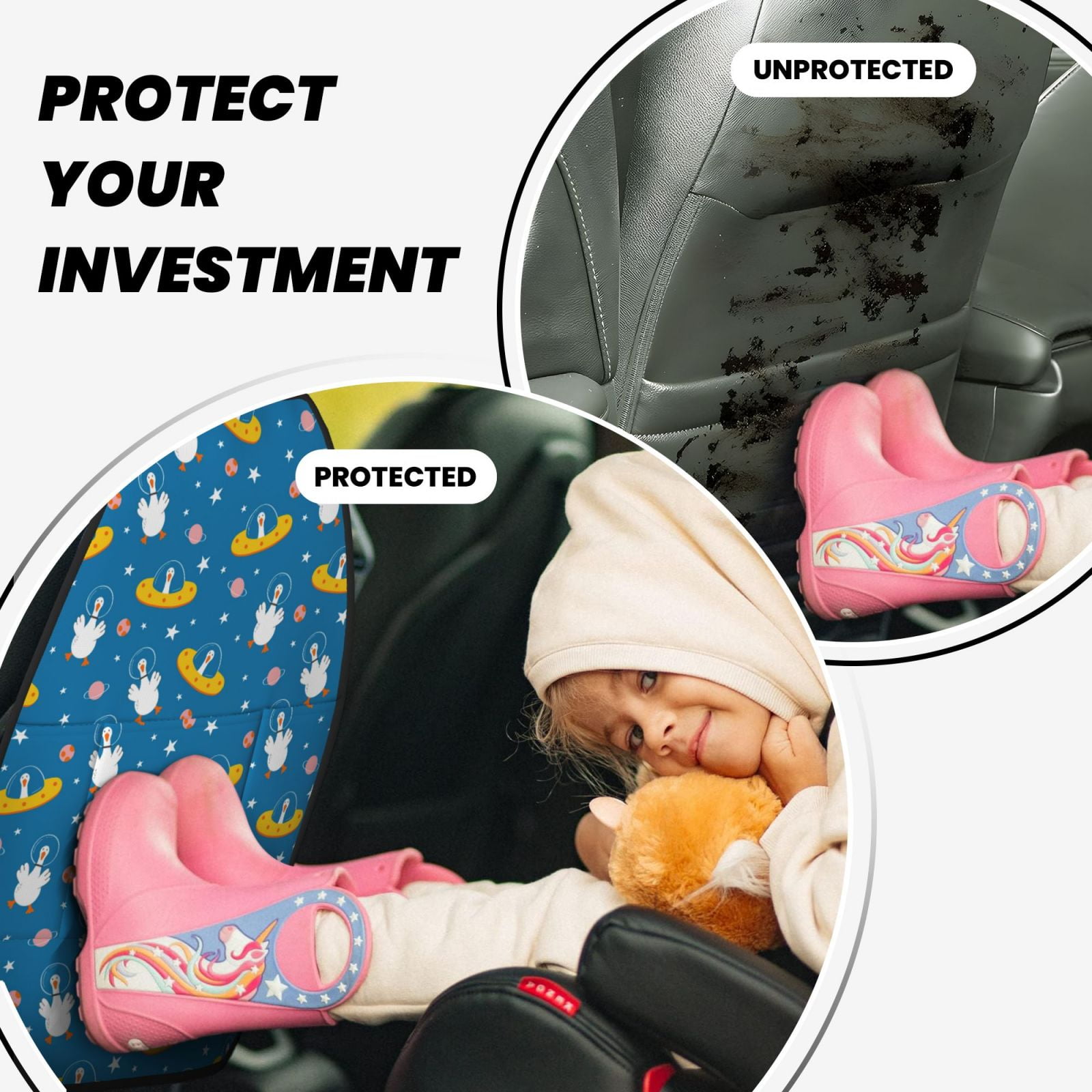 Kdxio Cartoon Goose Print 2 Pack Car Kick Mat Seat Cover Back Protector Mat with Pockets for Organizer Backseat Protector and Storage Anti Kick Pad for Vehicles