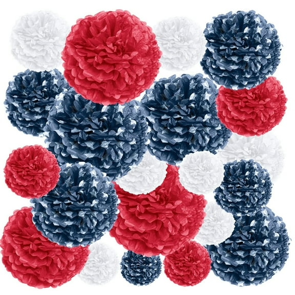 EpiqueOne 20-Piece Party Decoration Kit – Tissue Paper Pom Poms for the 4th of July, Memorial Day & Other USA-Themed Holidays – Easy to Assemble and Install – Colors: American Flag (Red, White & Blue)