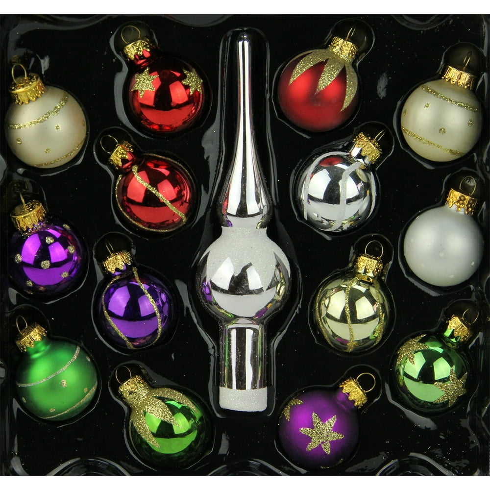 15Piece MultiColor Mini Glass Ball and Finial Tree Topper Christmas