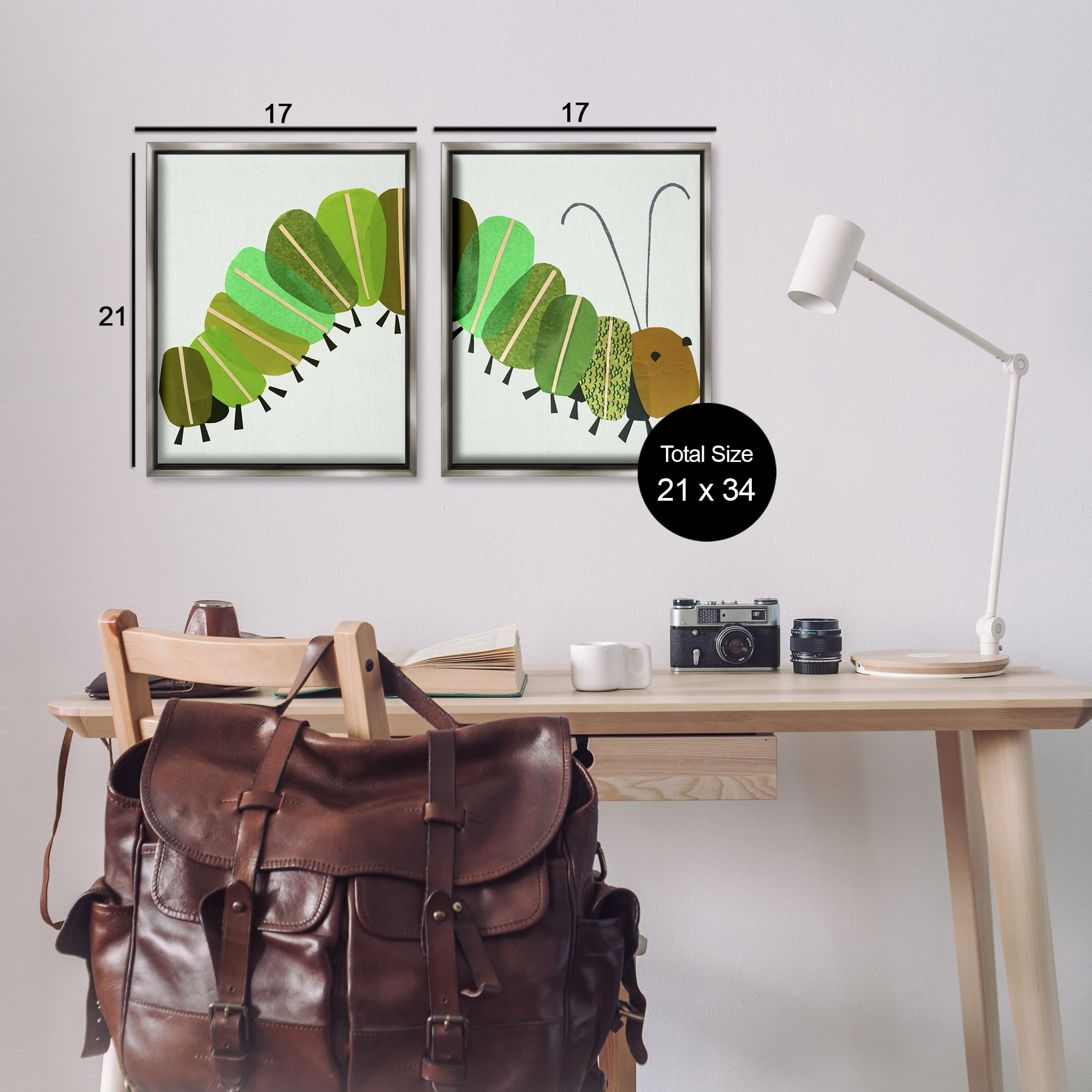 Stupell Industries Cute Cozy Caterpillar Animals Painting Gray Floater Framed Canvas Art Print Wall Art, 17 x 21, Set of 2