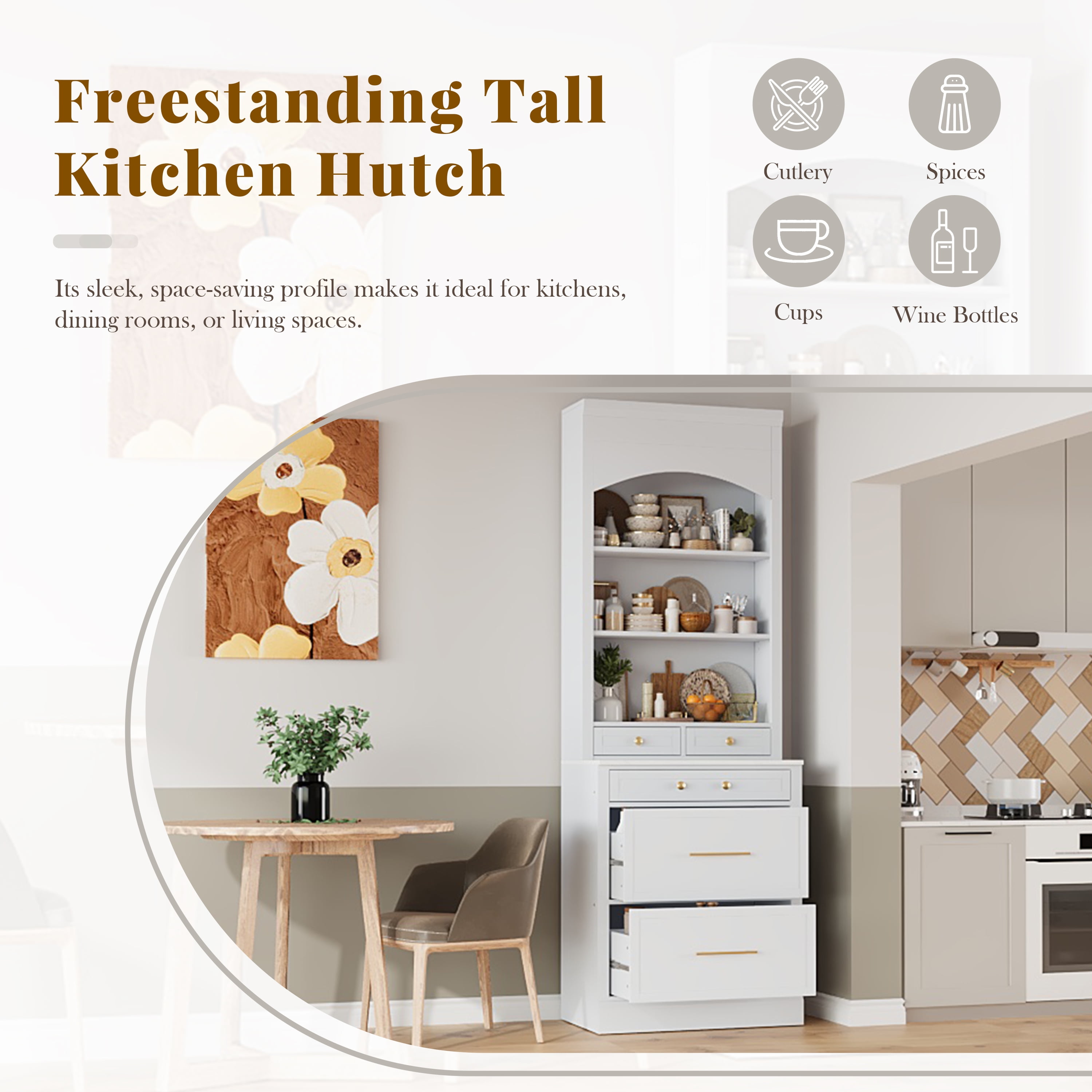 Harper & Bright Designs Freestanding Kitchen Pantry Storage Cabinet with Drawers and Shelves, Tall Kitchen Hutch with Faux Marble Top, White
