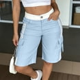 thumbnail image 4 of Bermuda Shorts for Women Cargo Shorts Knee Length Elastic Waist Long Shorts for Summer Casual with Pockets Sky Blue L, 4 of 6