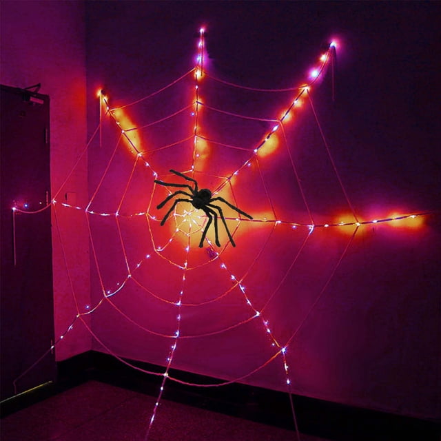 Pisexur Halloween Decorations LEDs Spider Web Lights, 12Ft Super-Realistic Giant Cobweb Indoor Outdoor Lights, 8 Modes Remote Control Battery Operated Light for Decor Party Garden Yard