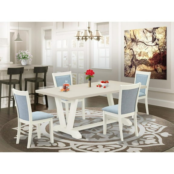 East West Furniture V-Style 5-Piece Asian Wood Dining Set in Baby Blue/White