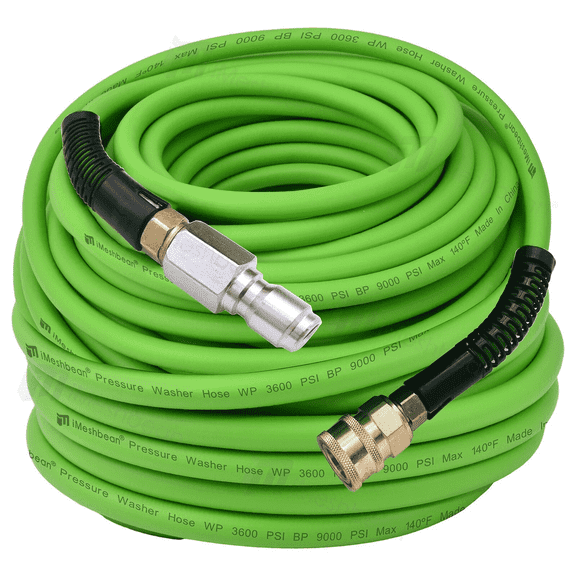 iMeshbean 100'ft 3/8" Green 3600psi Pressure Washer Hose With Couplers Super Flexible