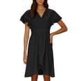 thumbnail image 5 of gljltg Women's Midi Dress V-Neck Short Ruffle Sleeve Wrap Waist Solid Color Ruffle Fit and Flare Wedding Guest Multi-Layered Hem V-Neck Lace Up Peplum Dresses, 5 of 9