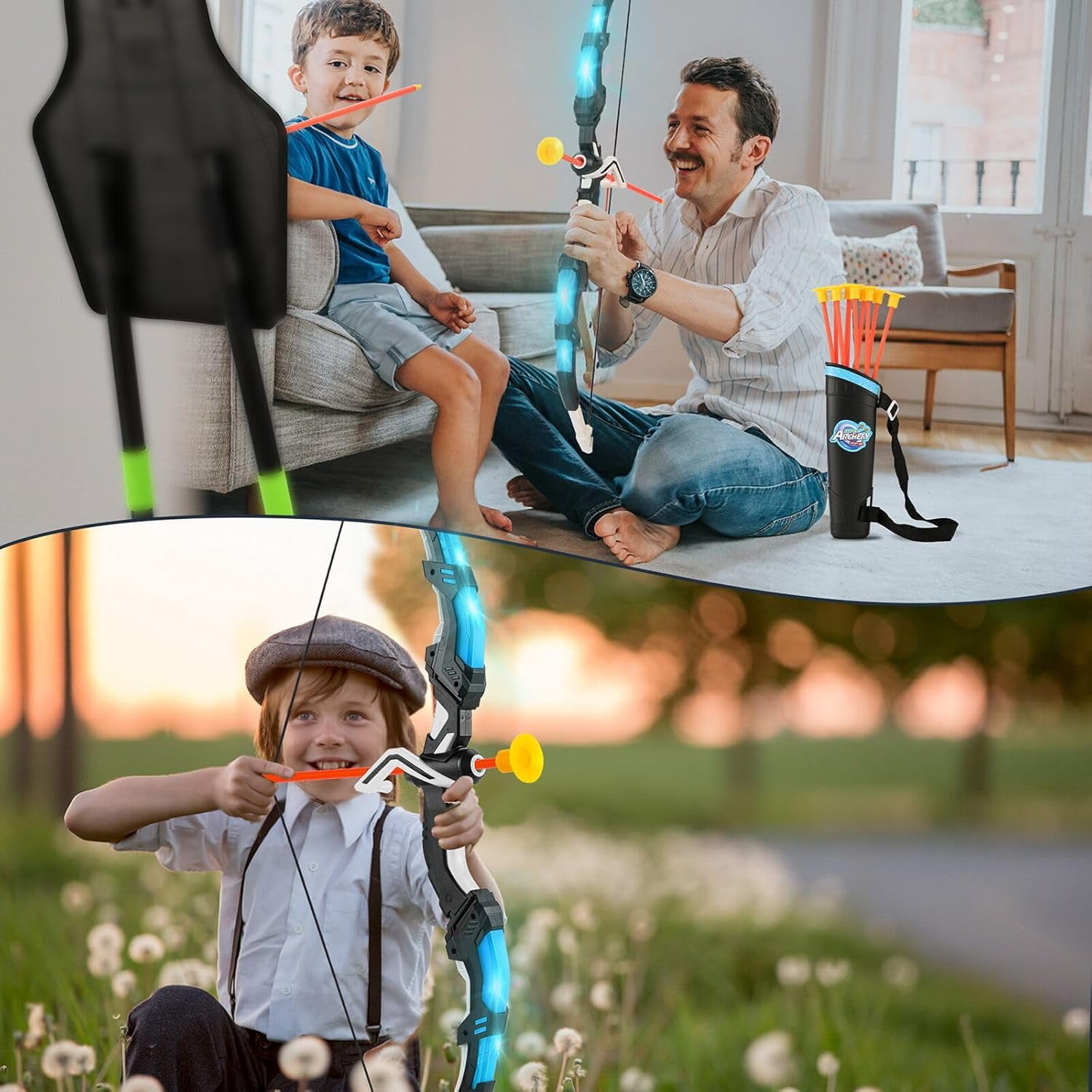 Archery Toy Set Boy Toys: Bow and Arrow Set with Standing Target & Quiver, LED Light Up Archery Set with 10 Suction Cup Arrows, Outdoor Activities Toys Essentials Birthday Gifts for Kids Aged 3-12