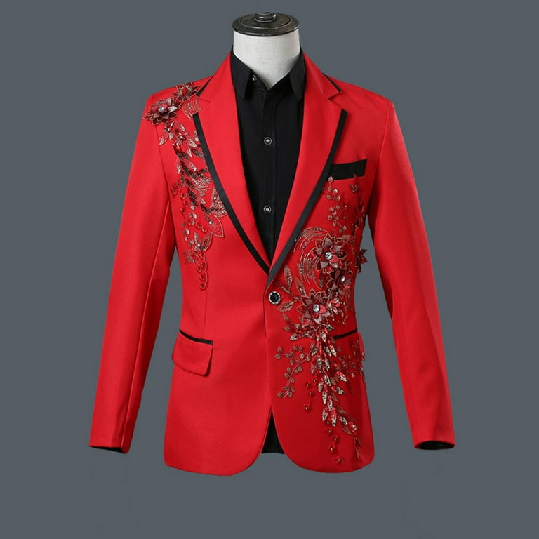 JUUYY Men's 2 Pieces Luxury Embroidered Suits 1 Button Print Dinner Tuxedo  Jacket Pants Prom Wedding Elegant Blazer Dress Suit Red M - Walmart.com