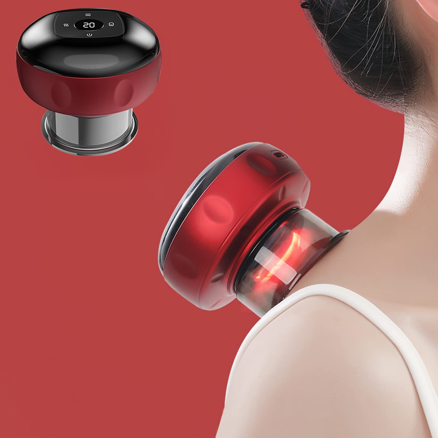 Romanda 12 Level Electric Back Massager, Rechargeable Smart Dynamic Cupping Therapy Set, Gua Sha Massage 3 in 1 Vacuum Therapy Machine Cellulite Massager with 12 Level Temperature and Suction - Red