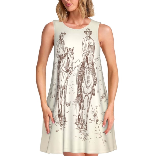 Balery Cowboys Riding Horses In Desert Vestidos de verano para mujer con estampado: vestido holgado sin mangas, vestido playero informal y cómodo para días calurosos.