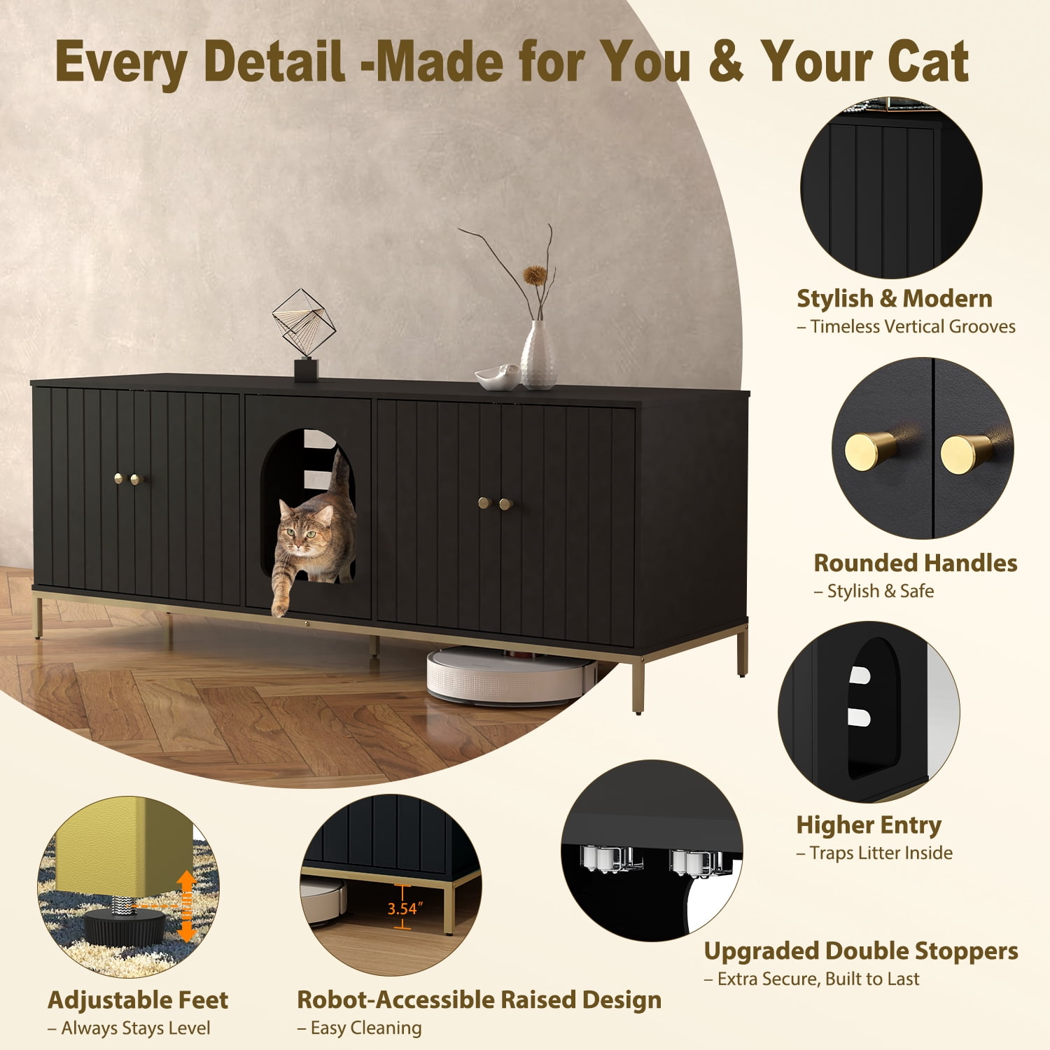 Cat Litter Box Enclosure for 2 Cats, Litter Box Furniture with Double Room, Central Entry, and Dual Use as TV Stand for Living Room, Black (Elevated Version)