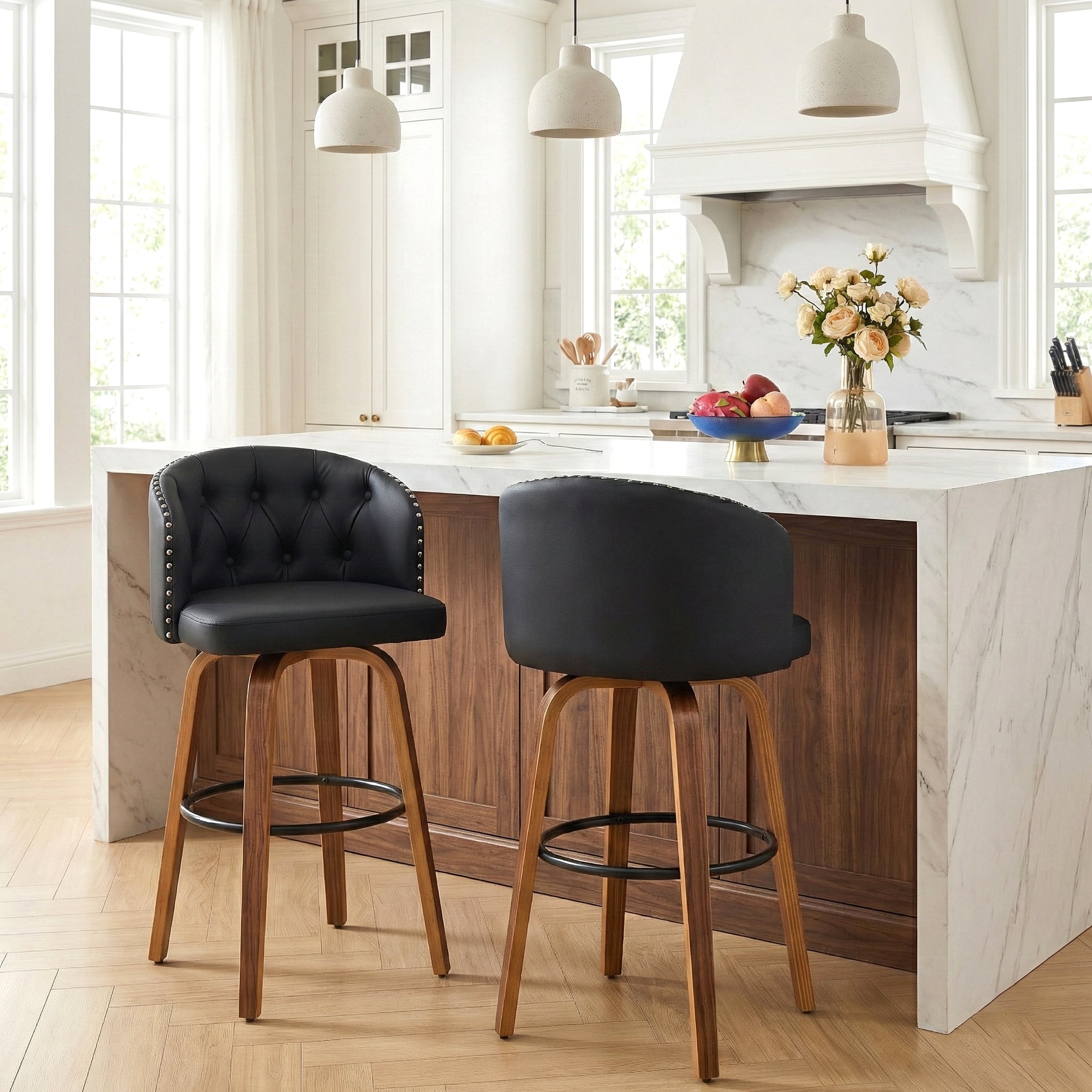 Fahomiss 26" Swivel Counter Height Bar Stools with Back Set of 2, Black Leather Kitchen Stools