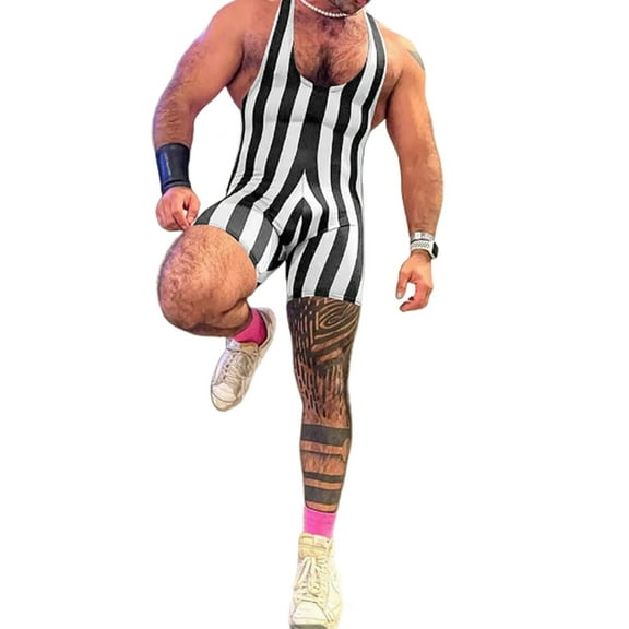 Hyasfey Men Fitness Bodysuit Sleeveless Deep U Neckline Striped Jumpsuit Gym Athletic Supporters Boxers Wrestling Singlets Leotard Tank Top Undershirts Shorts Shapewear