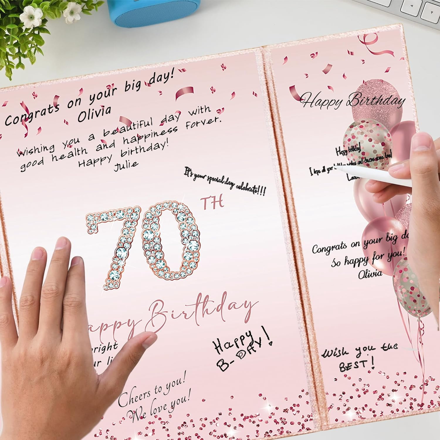 Rose Gold 70th Birthday Party Decorations, Happy 70th Birthday Alternative Signature Guest Book for Women Pink Cheers to 70 Years Old Gifts 70 Birthday Signing Card Board Party Supplies