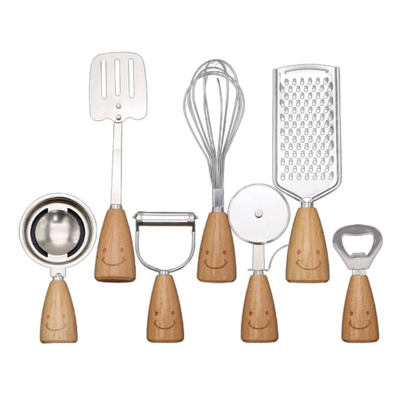 SDFGTstore 7Pcs Whisk Grater Peeler Bottle Opener Spatula Wooden Handle Kitchen Gadget Set