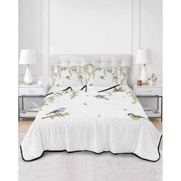 Twin Quilt Bedding Set Summer Green Leaf Bird Summer Quilt Lightweight Quilted Coverlet with 2 Pillow Shams, Farmhouse Plant Birds 3-Piece Bedspread Quilt Set for All Season