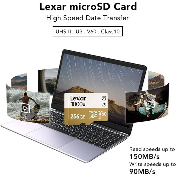 Carte Micro SD Lexar 256 Go, carte mémoire flash microSDXC UHS-II MLC  professionnelle 1000x avec adaptateur, jusqu'à 150 Mo/s en lecture, 