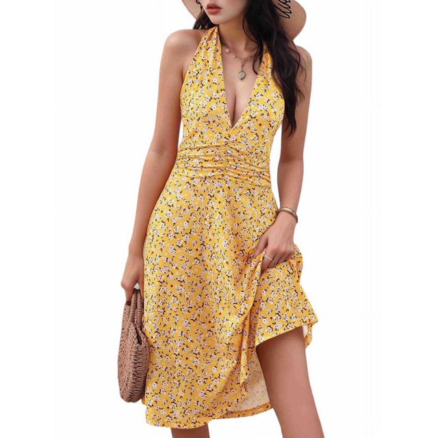 Robe d'Été Sans Manches Portefeuille à Col en V à Fleurs pour Femme, Mini, Jaune, TTG