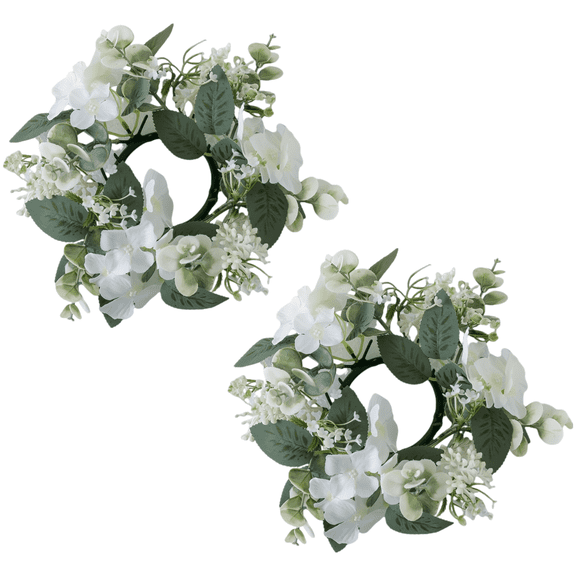 2 Pcs White Artificial Hydrangea Candle Loops, 9.84 x 9.84 x 1.18 in / 25 x 25 x 3 cm Silk Flower Wreaths, Realistic Green Leaf for Wedding, Home, Party Tabletop Decor