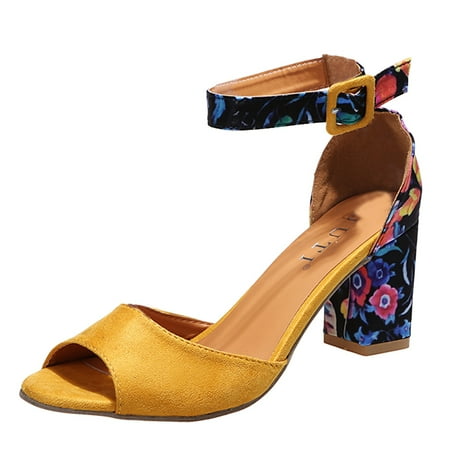 

LNMQLPDBS High Heels for Women Peep Toe Shoes Buckle Strap Flowers Print Round Single Heels Casual Sandals Toe Women s High Heels