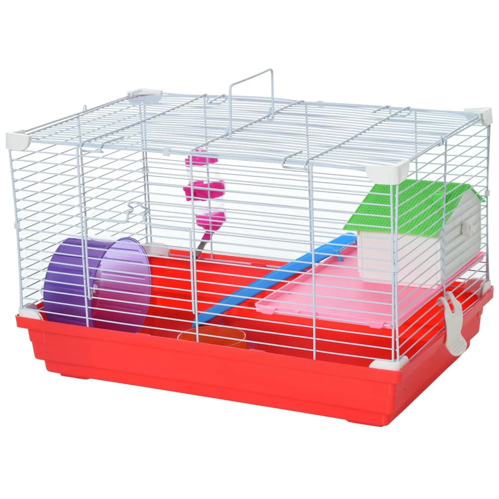 GVN Hamster Cage, Small Hamster Habitat,18.5" Hamster Cage with Exercise Wheel and Water Bottle, Dish, Rat House and Habitat 2-Story Design, Red